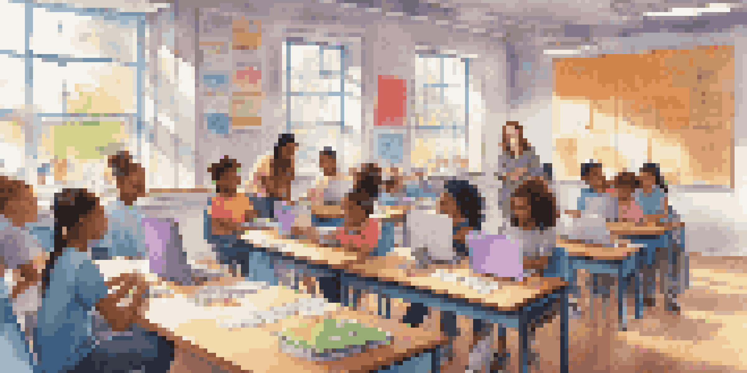 A colorful classroom with students of different backgrounds working together on laptops and tablets, while a teacher supports them.