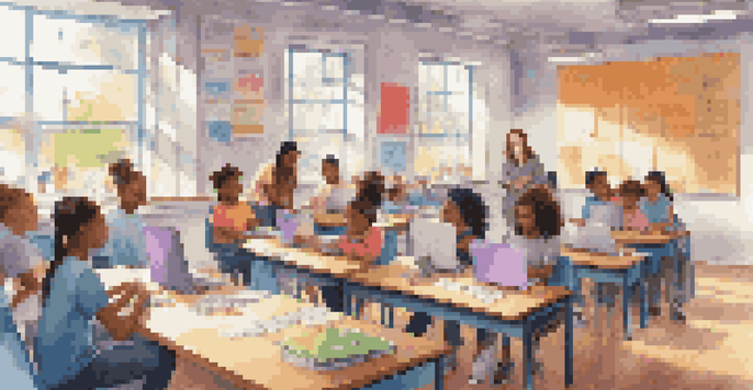 A colorful classroom with students of different backgrounds working together on laptops and tablets, while a teacher supports them.