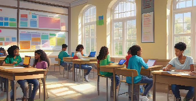 A classroom with a diverse group of students using technology, engaging with a teacher, and colorful educational posters on the walls.