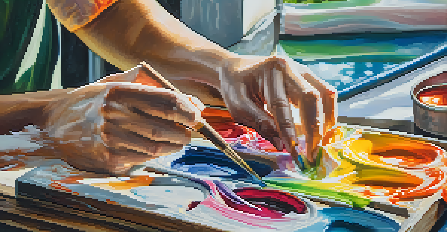 Close-up of hands painting a colorful landscape on a canvas, showcasing the texture of the paint and the artist's focus.
