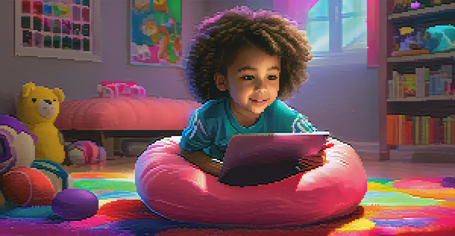 A young girl playing an engaging game on a tablet while sitting on a beanbag, illuminated by colorful lights.