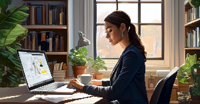 A professional woman studying micro-credentials on her laptop in a bright, modern workspace with books and plants.