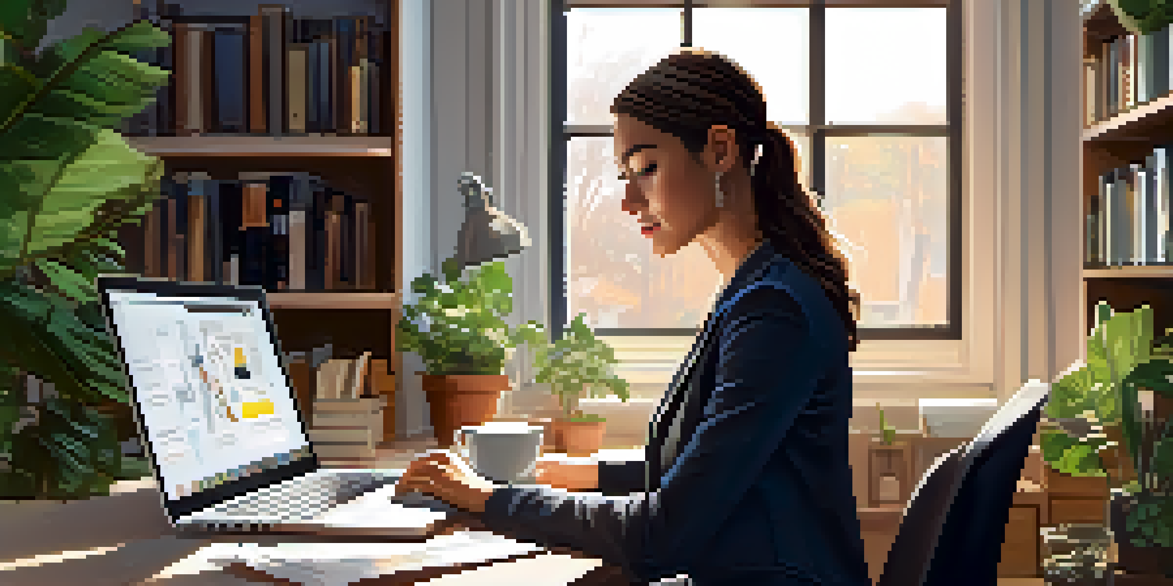 A professional woman studying micro-credentials on her laptop in a bright, modern workspace with books and plants.