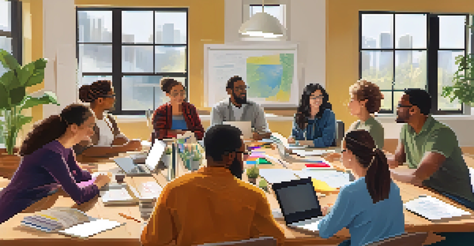A diverse group of adults engaged in a collaborative learning workshop in a well-lit room.