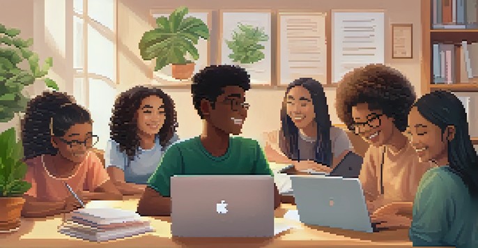 A diverse group of students participating in a virtual learning session, with a laptop and a cozy classroom setup.