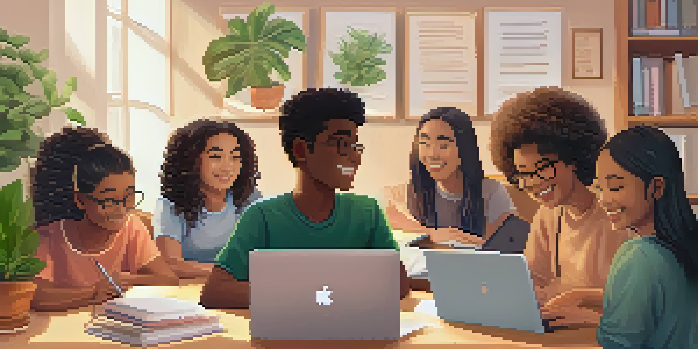 A diverse group of students participating in a virtual learning session, with a laptop and a cozy classroom setup.