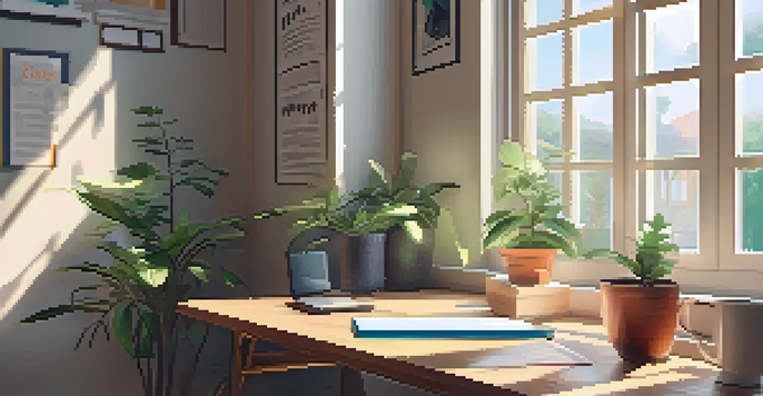 A cozy study area featuring a wooden desk with a laptop, a cup of coffee, and a potted plant, illuminated by sunlight from a window.
