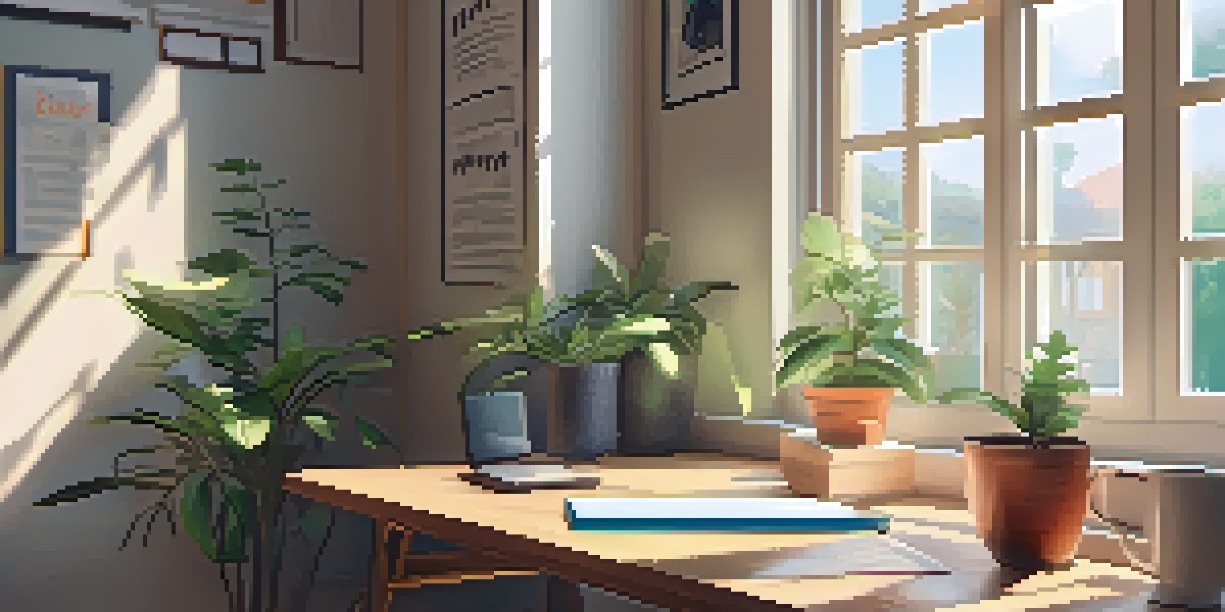 A cozy study area featuring a wooden desk with a laptop, a cup of coffee, and a potted plant, illuminated by sunlight from a window.