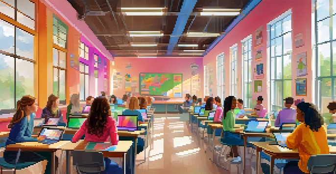 A modern digital classroom with diverse students using laptops for a virtual assessment, bright colors, educational posters, and soft natural light.