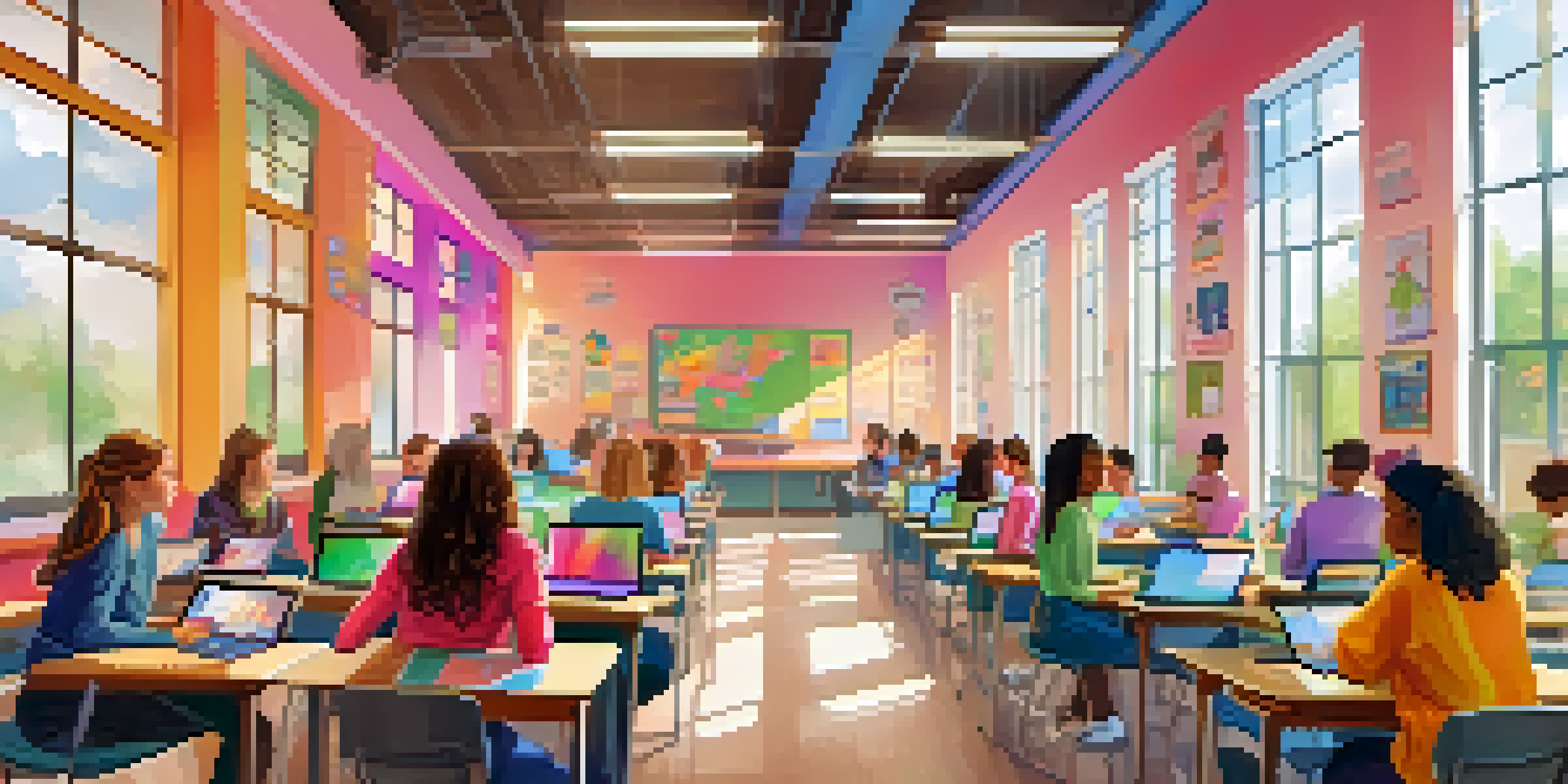 A modern digital classroom with diverse students using laptops for a virtual assessment, bright colors, educational posters, and soft natural light.