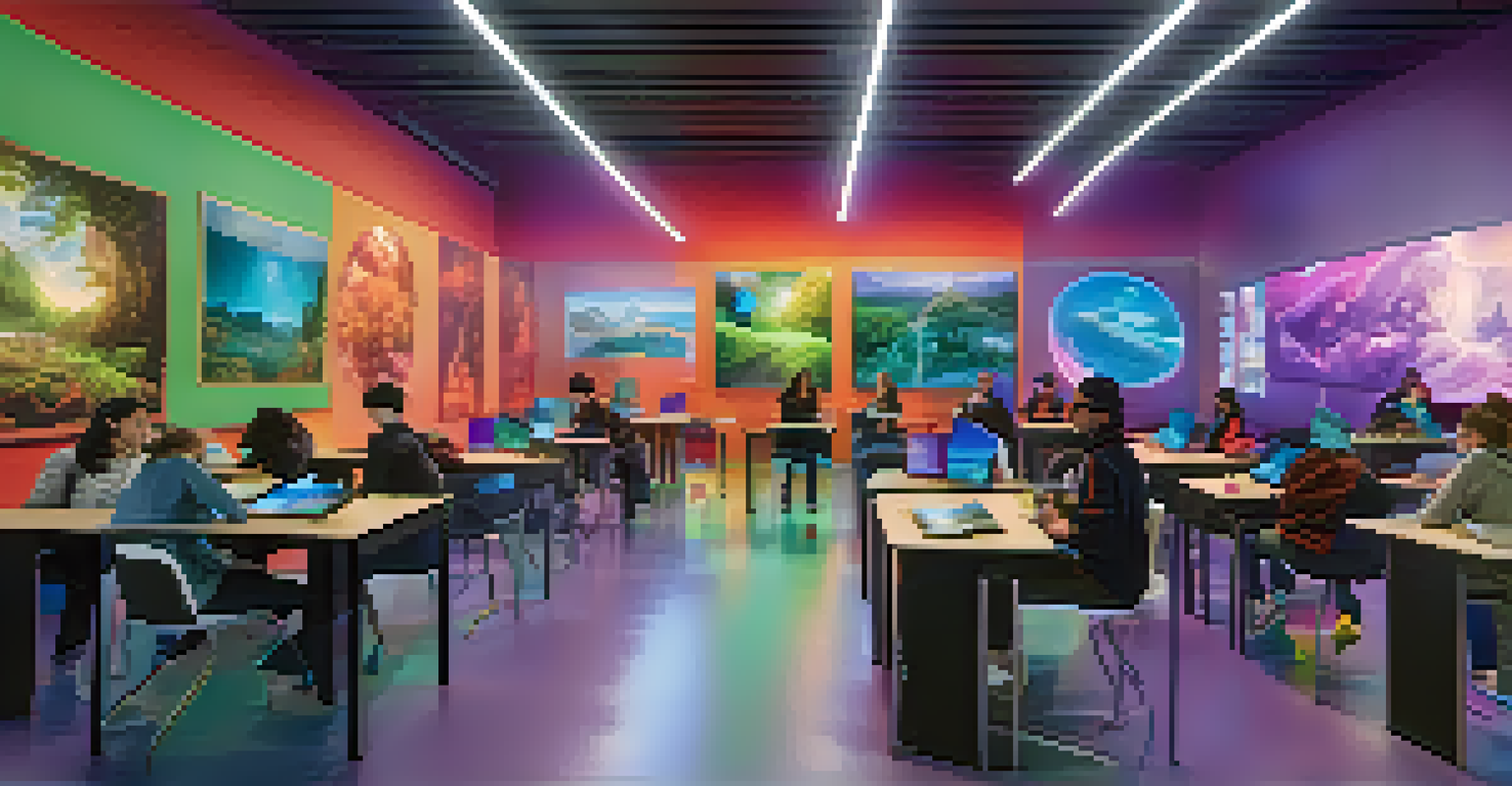 A modern classroom with students using virtual reality headsets and interactive screens, creating an immersive learning environment filled with vibrant colors.