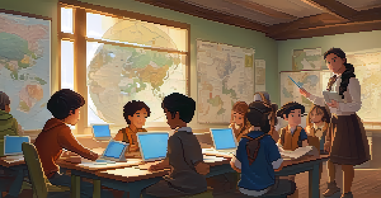 A teacher helping students in a fantasy-themed classroom during a quest-based learning activity, with maps and quest boards around.