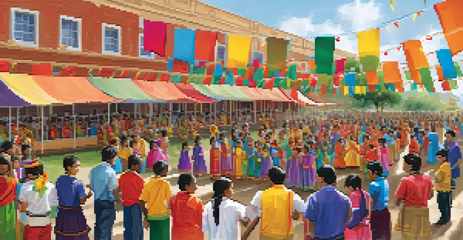 A vibrant outdoor school event featuring students in traditional clothing, celebrating cultural diversity with parents and teachers in attendance.