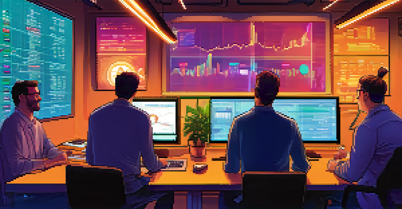A lively cryptocurrency exchange office with individuals trading on monitors showing cryptocurrency prices.