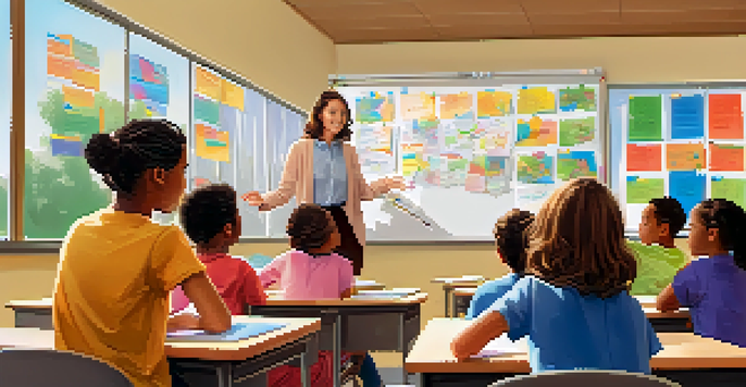 A bright classroom with a teacher interacting with engaged students, sunlight pouring in through windows and educational materials around.