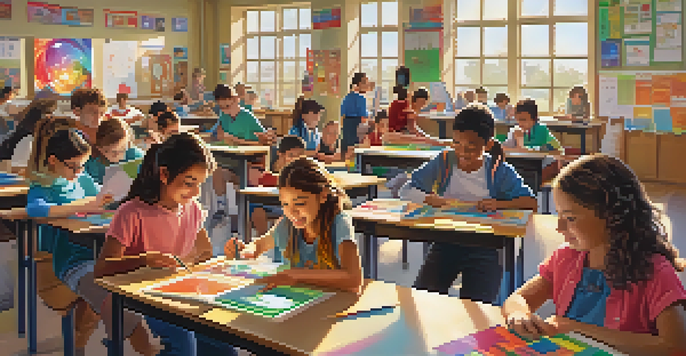 A lively classroom with students engaging in a gamified learning activity, surrounded by colorful decorations and warm sunlight.