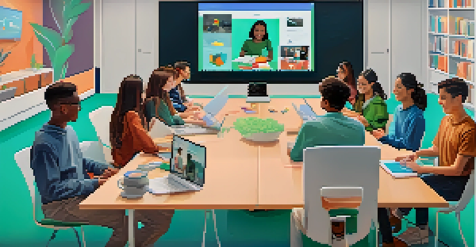 A virtual classroom with diverse students engaged in online learning, showcasing AI tools and a colorful, inviting environment.