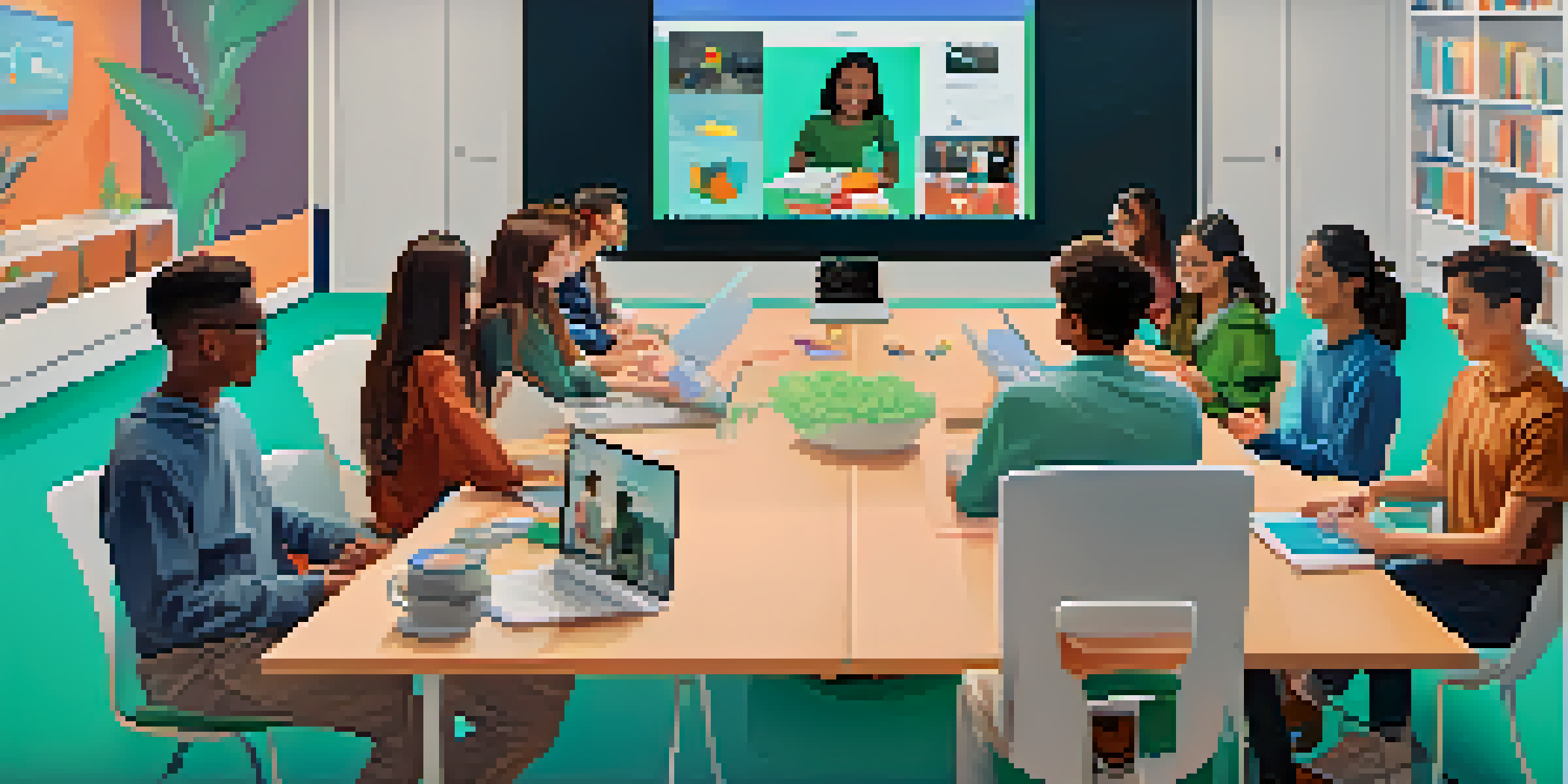 A virtual classroom with diverse students engaged in online learning, showcasing AI tools and a colorful, inviting environment.