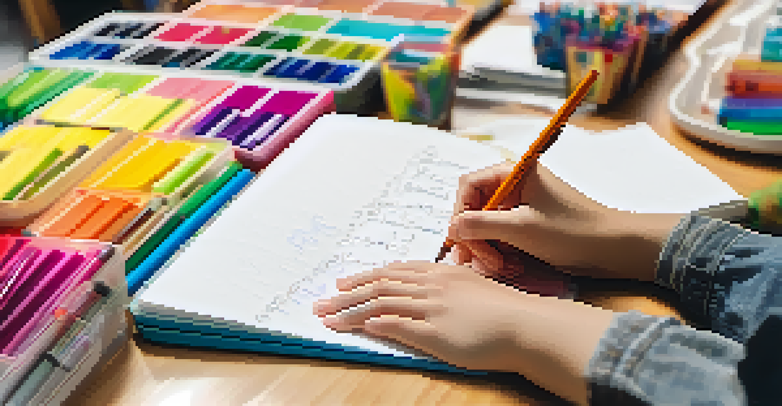 A student's hands writing in a reflection journal with colorful stationery on the table and classmates blurred in the background.