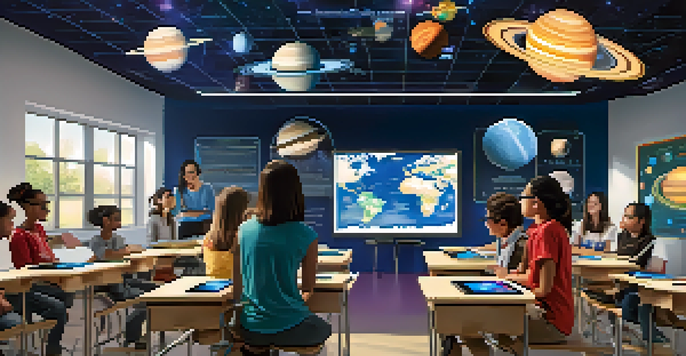 A diverse group of students in a modern classroom, engaging with augmented reality technology, with a girl examining a 3D solar system model.