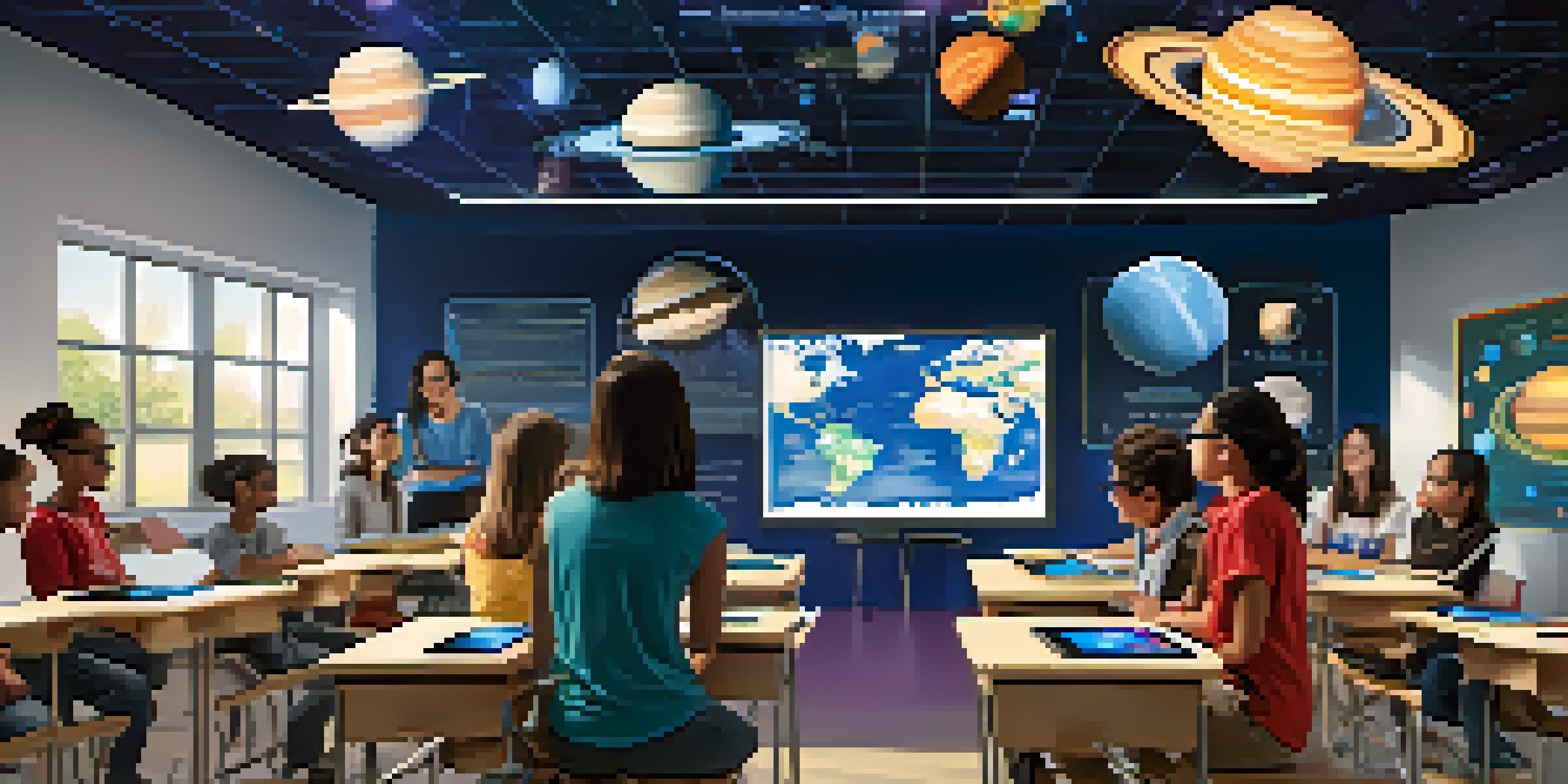 A diverse group of students in a modern classroom, engaging with augmented reality technology, with a girl examining a 3D solar system model.