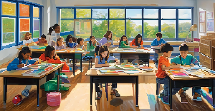 A classroom filled with diverse gifted students working together on an art project, surrounded by colorful supplies and bright sunlight.