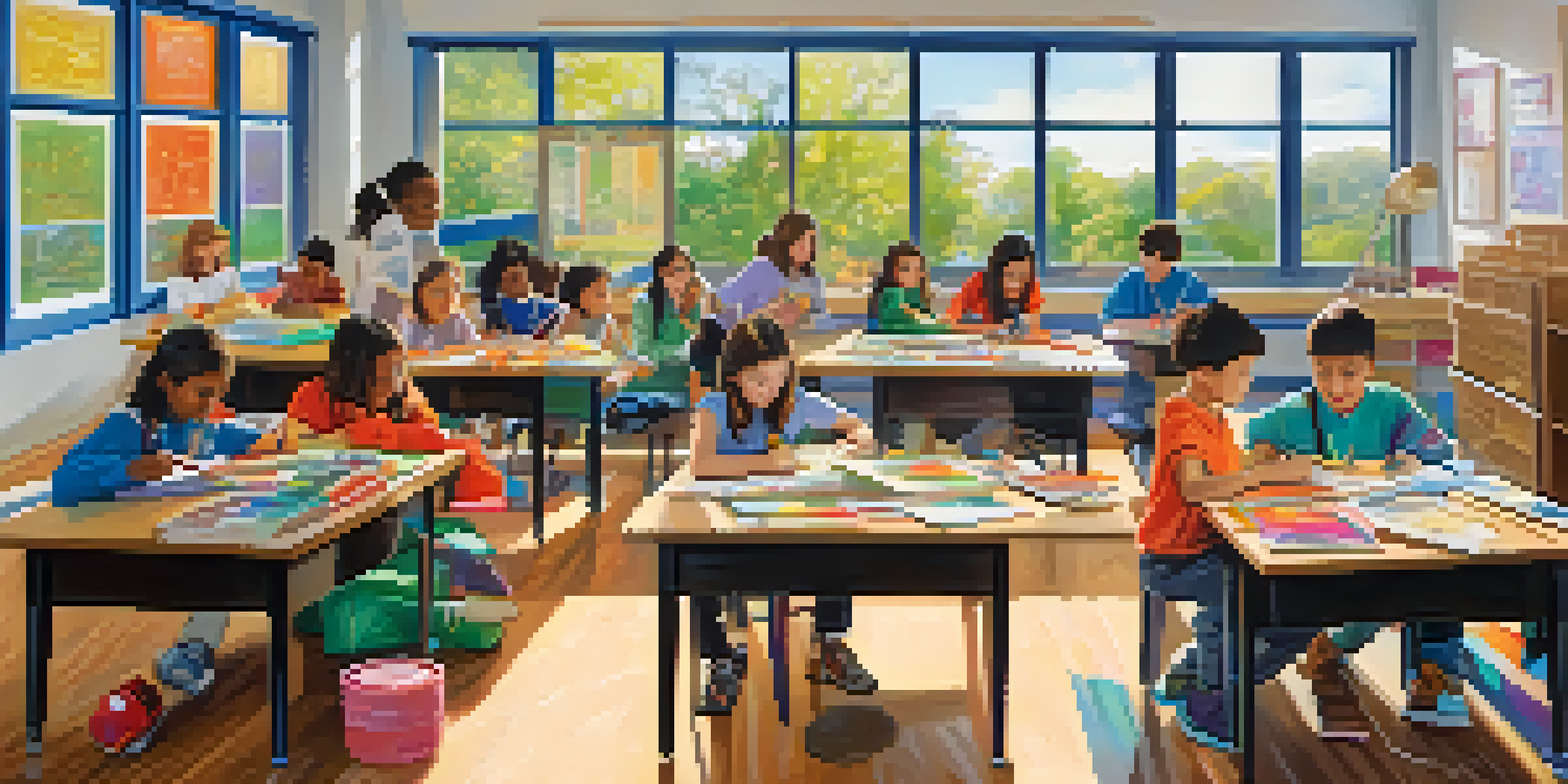 A classroom filled with diverse gifted students working together on an art project, surrounded by colorful supplies and bright sunlight.