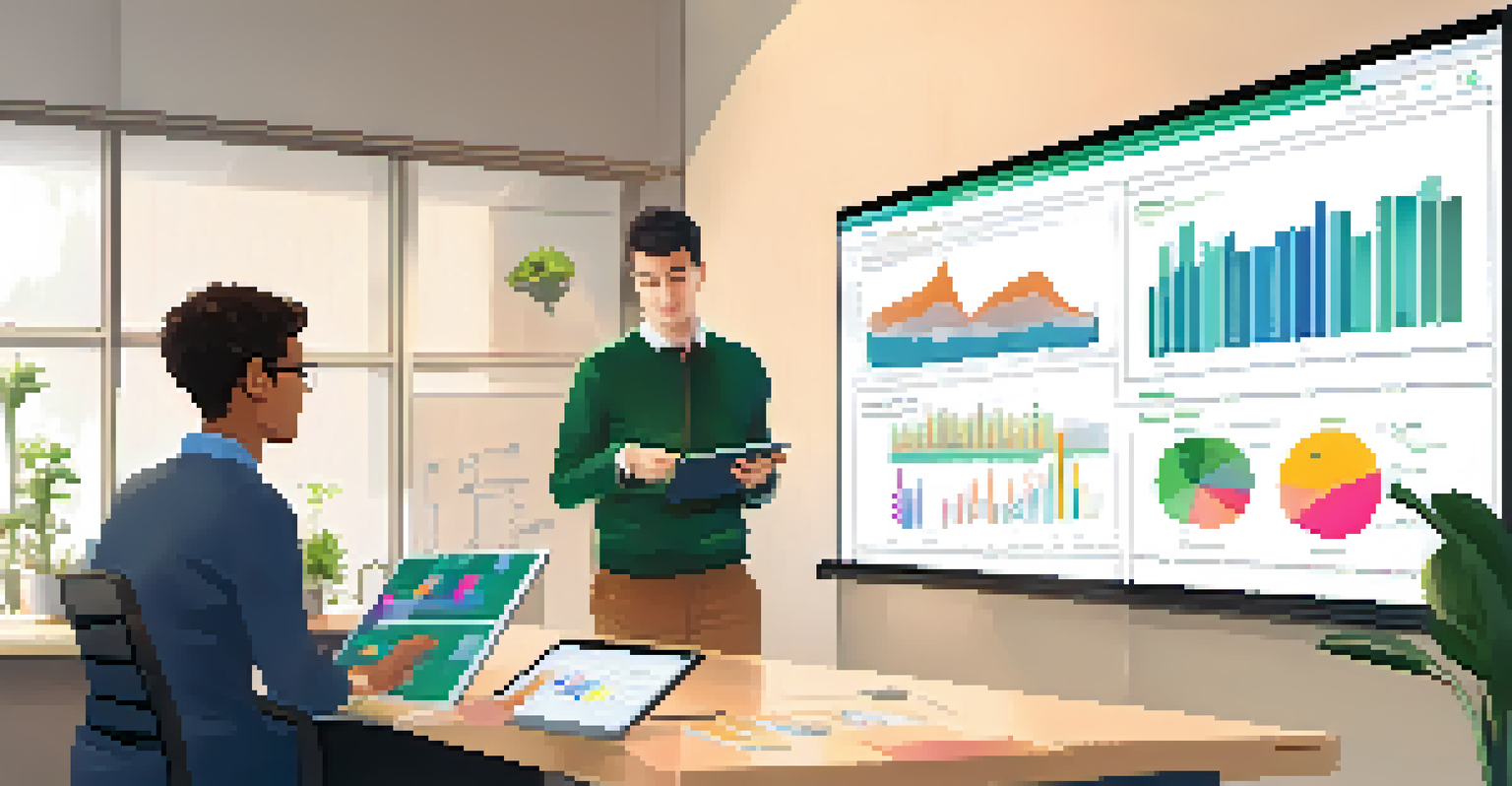 An educator analyzing student feedback data on a screen with colorful graphs in a modern office.