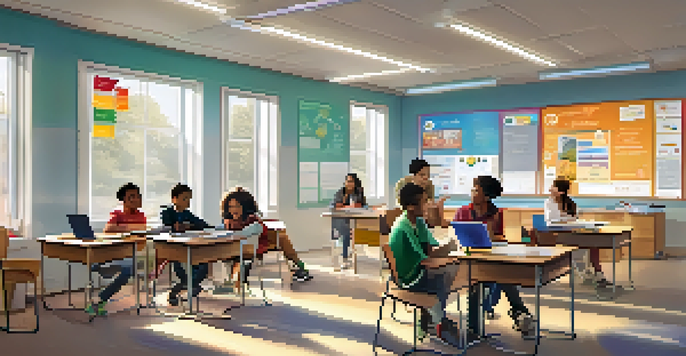 A modern classroom with traditional desks and high-tech learning stations, filled with students collaborating and engaging with digital tools.