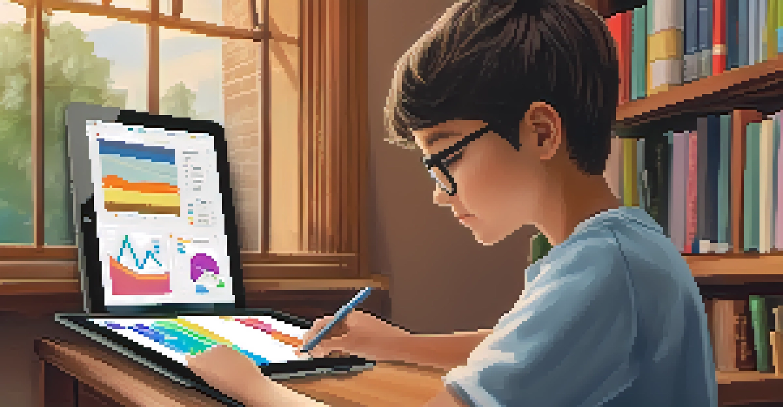 A student using a tablet in a study nook, focusing on a personalized learning app with colorful graphs and progress metrics.