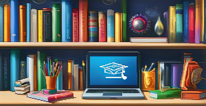 A colorful digital badge on a virtual trophy shelf with learning icons like books and a laptop, symbolizing educational achievements.