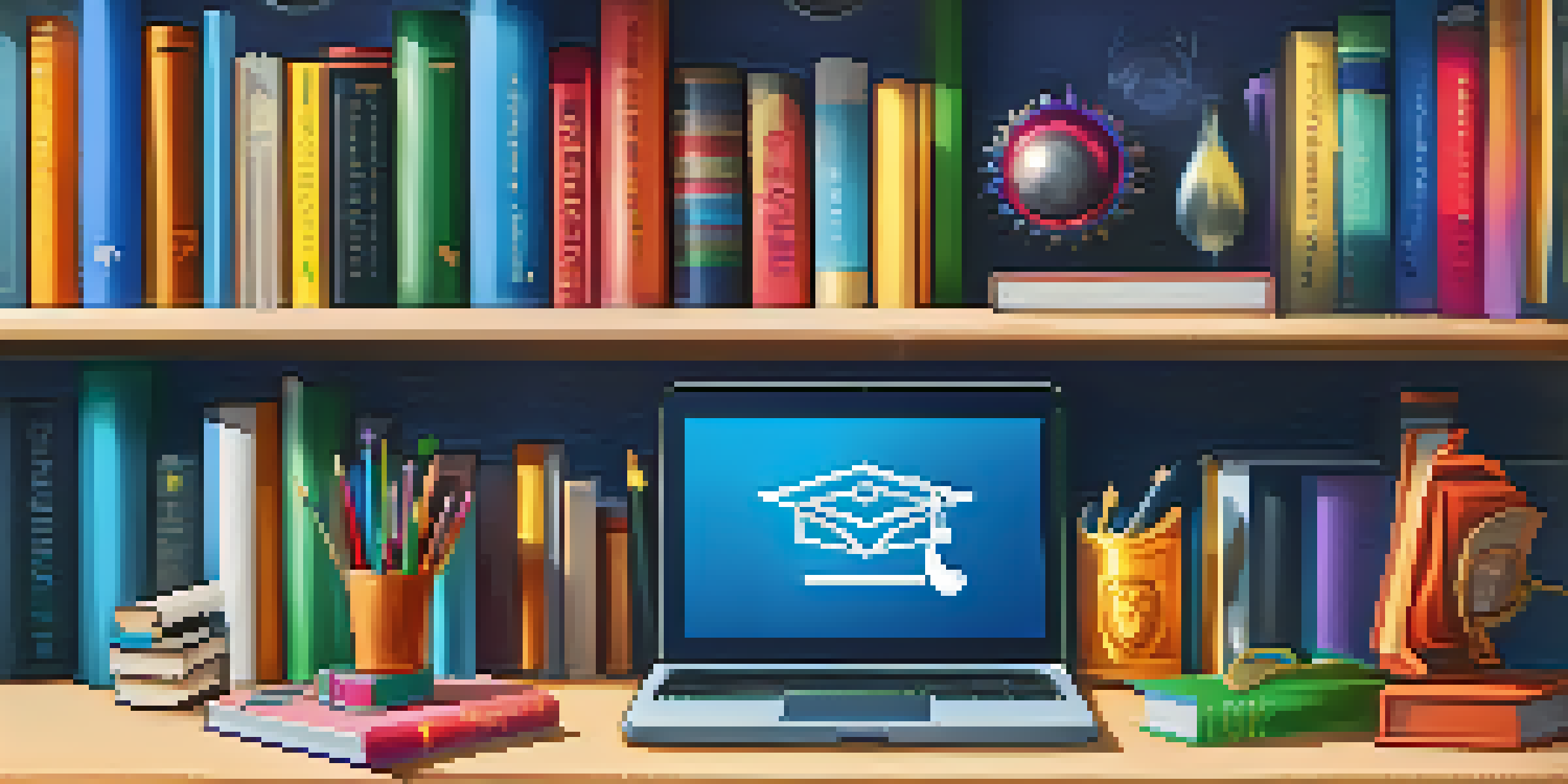 A colorful digital badge on a virtual trophy shelf with learning icons like books and a laptop, symbolizing educational achievements.
