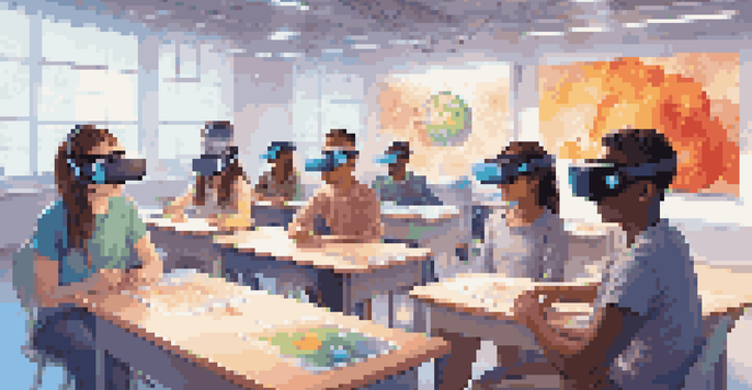 A diverse group of students using virtual reality headsets in a classroom, interacting with 3D models of molecules and planets, with colorful scientific data displays.