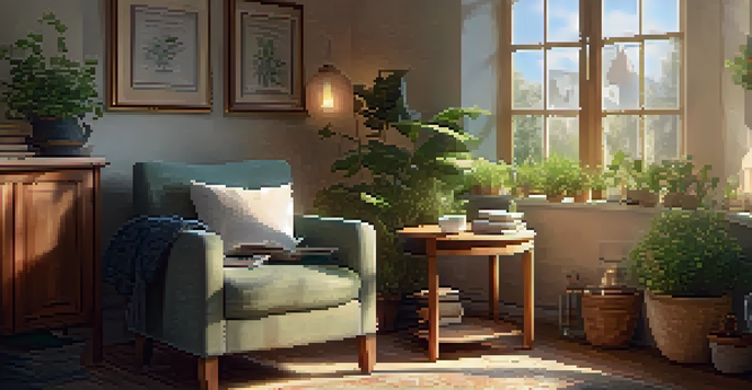 A cozy therapy room featuring a comfortable chair, a cup of tea on a table, and shelves of self-help books, with a view of a tranquil garden outside.