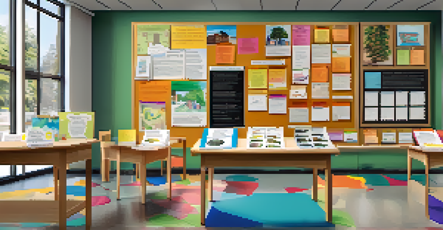 A colorful display of student portfolios showcasing various projects in a dynamic classroom setting.