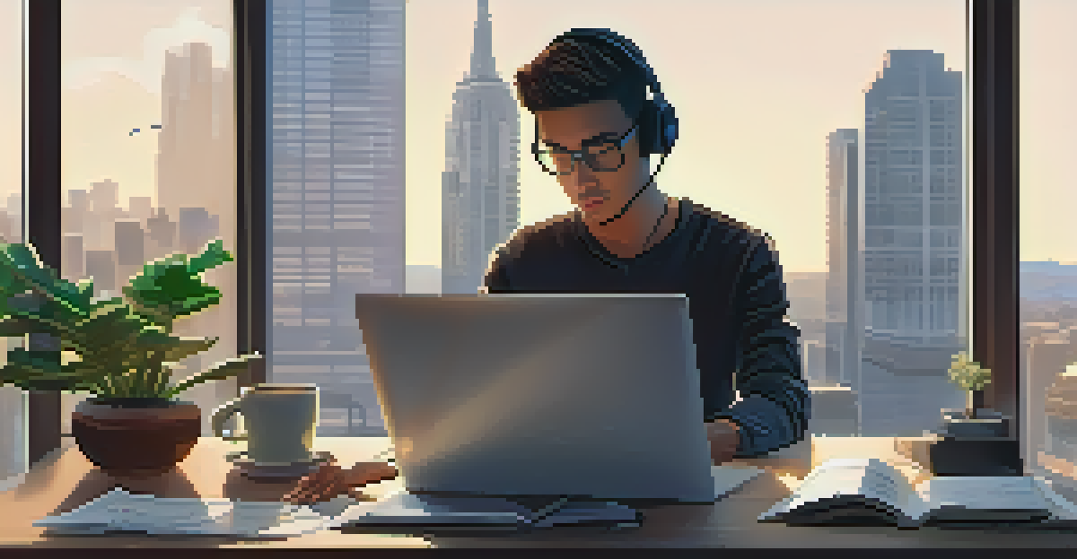 A cozy workspace with a person working on a laptop, surrounded by a potted plant and coffee, with a cityscape view through the window, representing digital entrepreneurship.