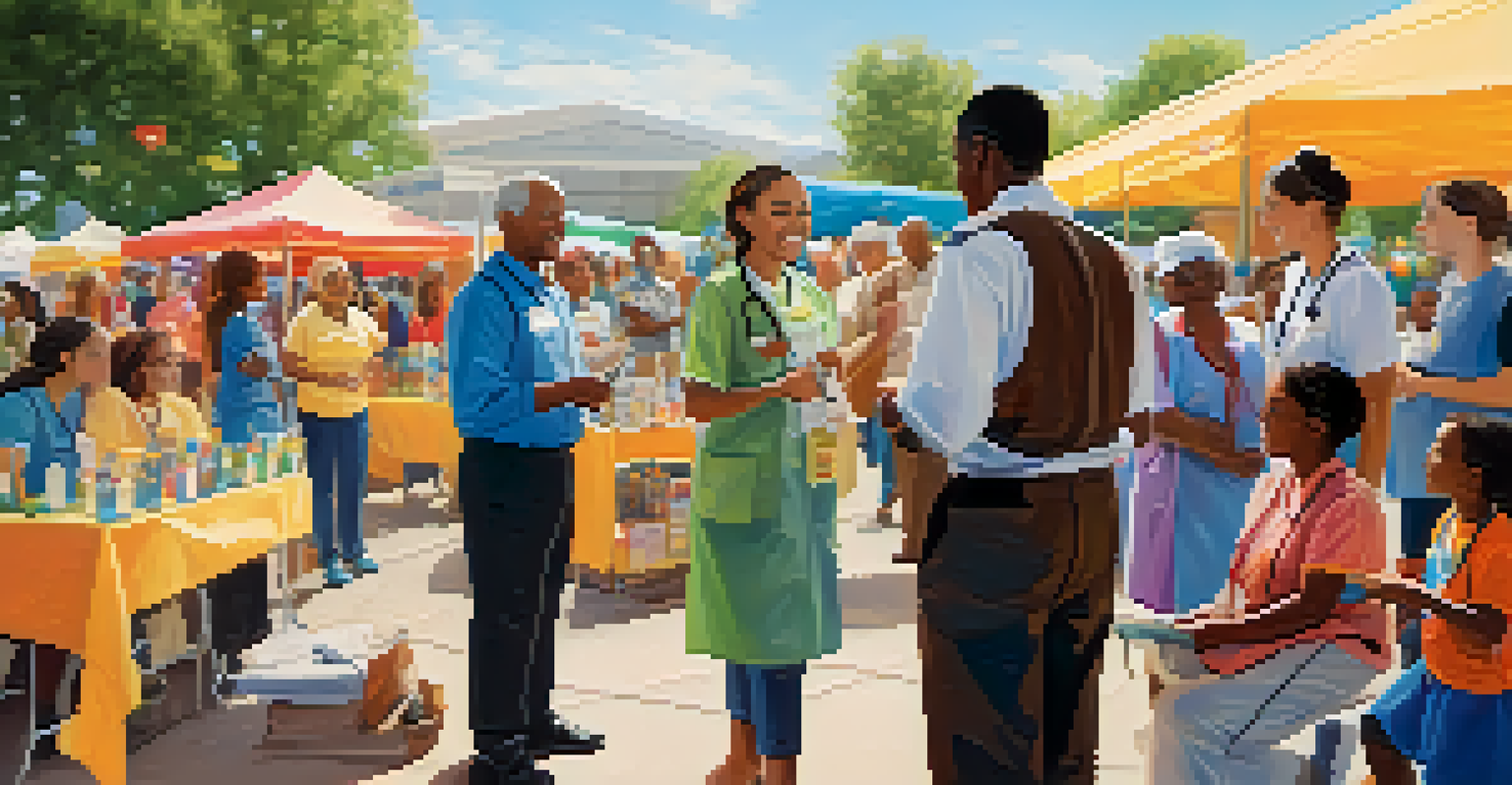 A healthcare professional engaging with community members at a vibrant outdoor health fair.