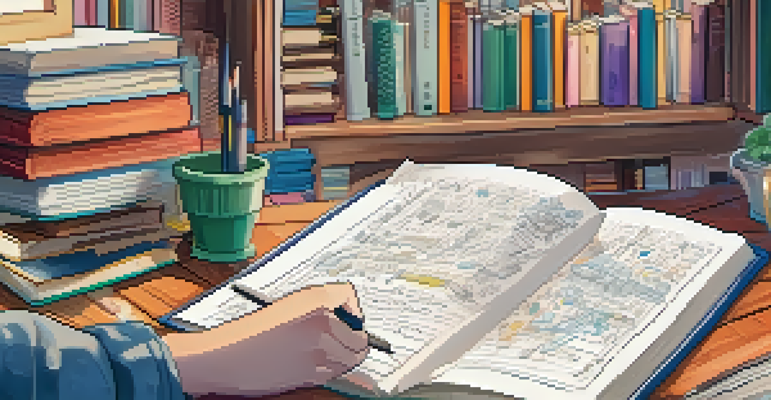 A close-up of a student's hands writing in a notebook filled with sketches and notes in a cozy study nook.