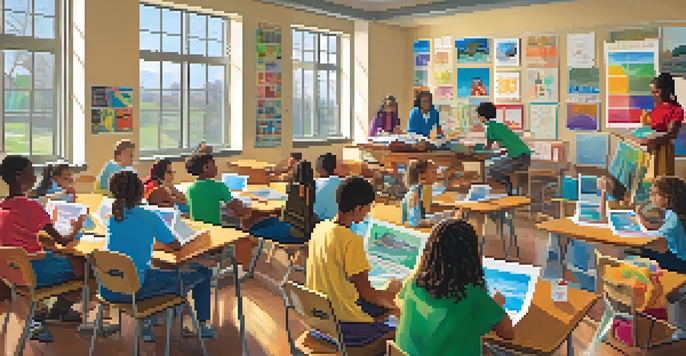 A diverse group of students working together on a project in a bright classroom filled with educational materials.