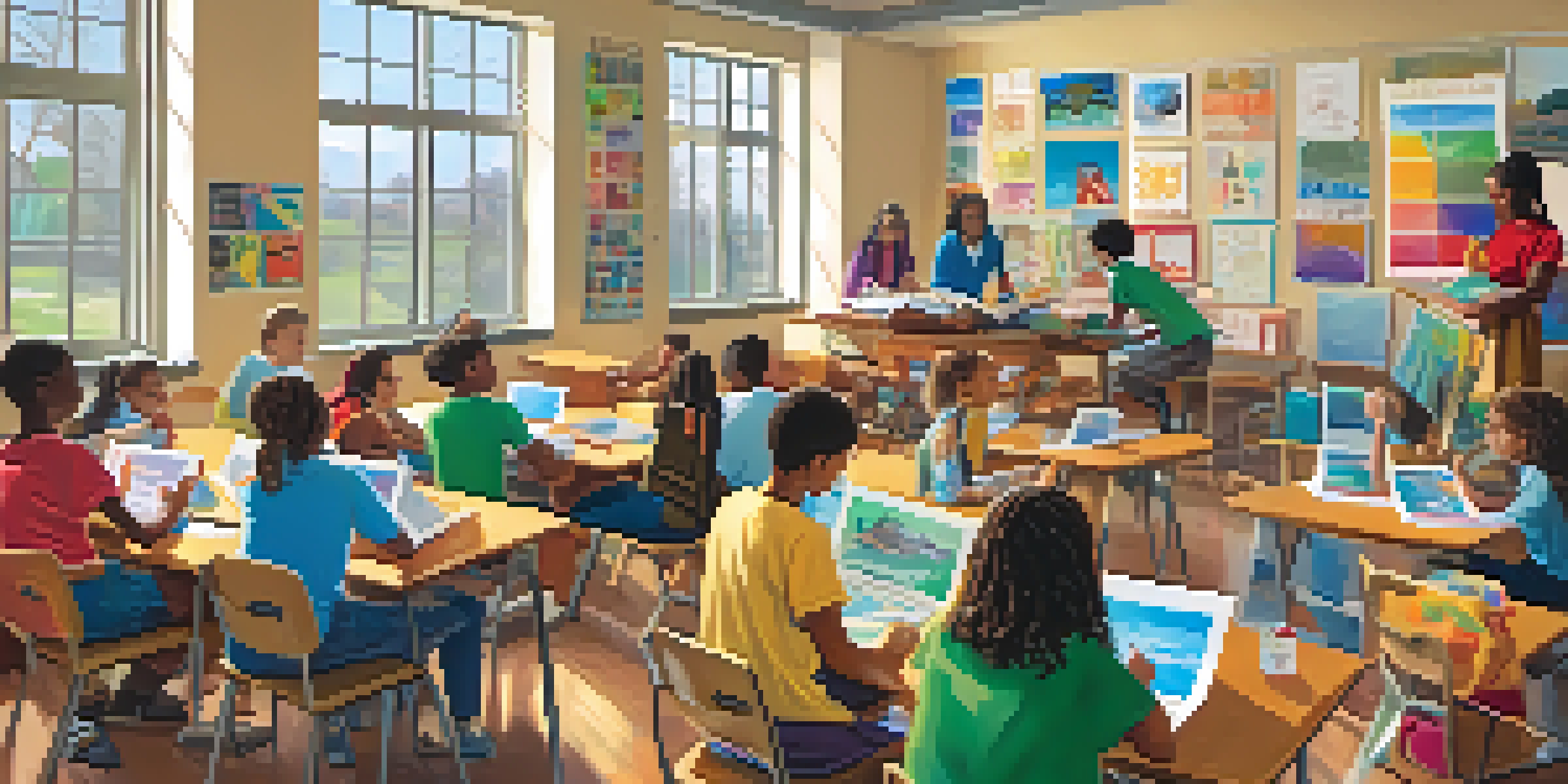 A diverse group of students working together on a project in a bright classroom filled with educational materials.