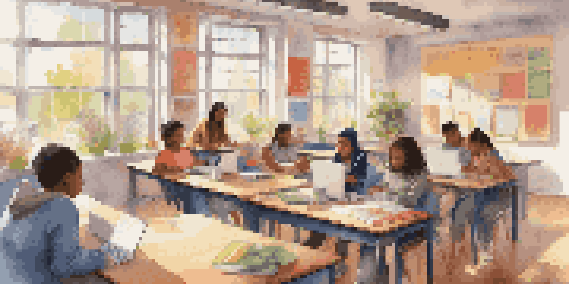A diverse group of students in a bright classroom, actively participating in an online discussion on laptops with educational posters in the background.