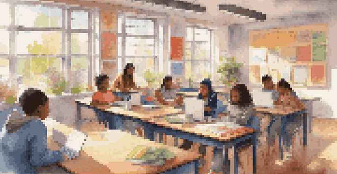 A diverse group of students in a bright classroom, actively participating in an online discussion on laptops with educational posters in the background.