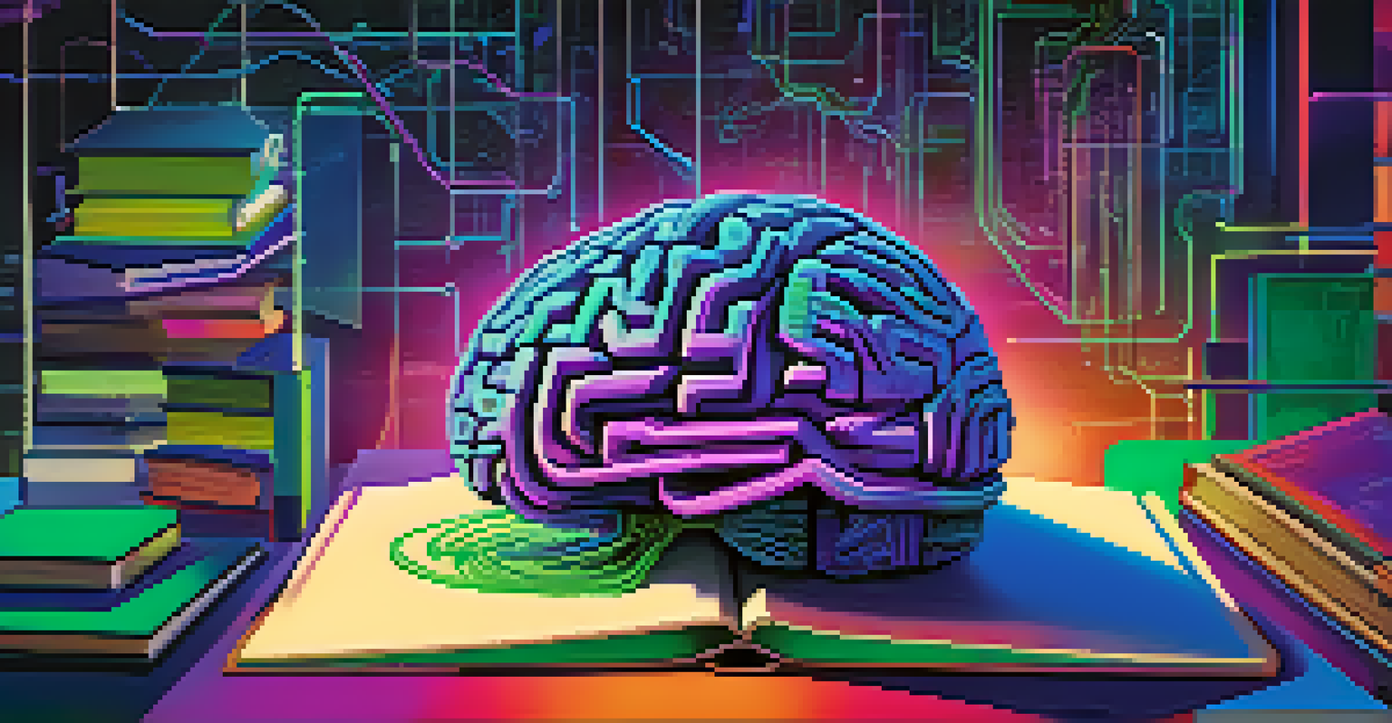 An abstract image of AI technology in education with a digital brain and flowing binary code.