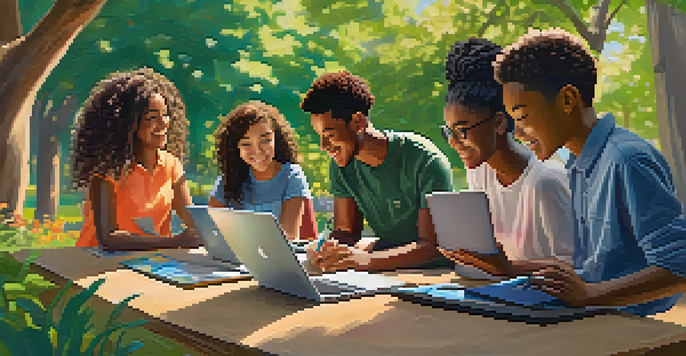 A diverse group of students working together outdoors with laptops and tablets, surrounded by nature.