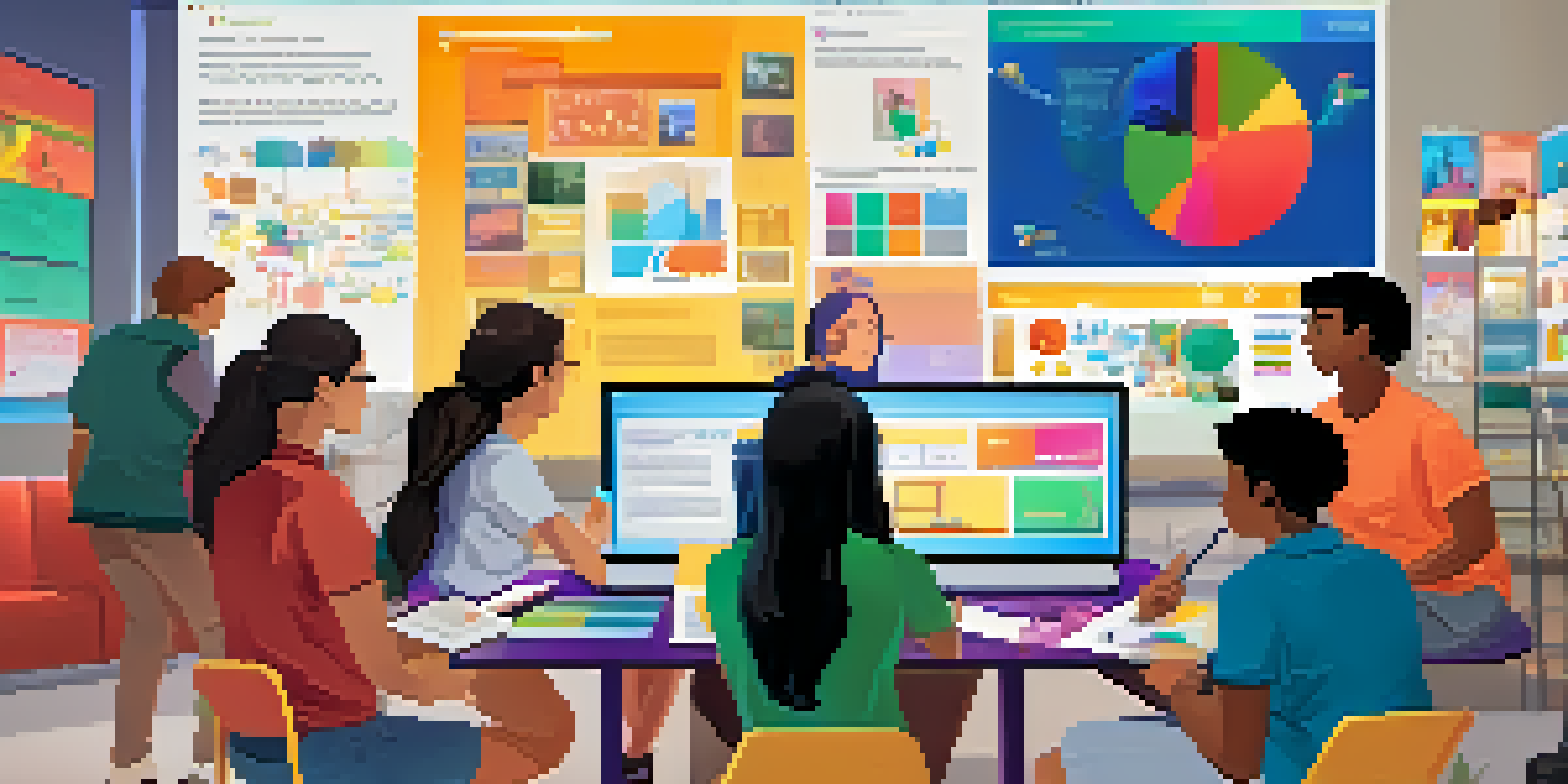 A lively online learning space where diverse students are collaborating on a project with laptops and tablets, and a large screen showing various educational media.