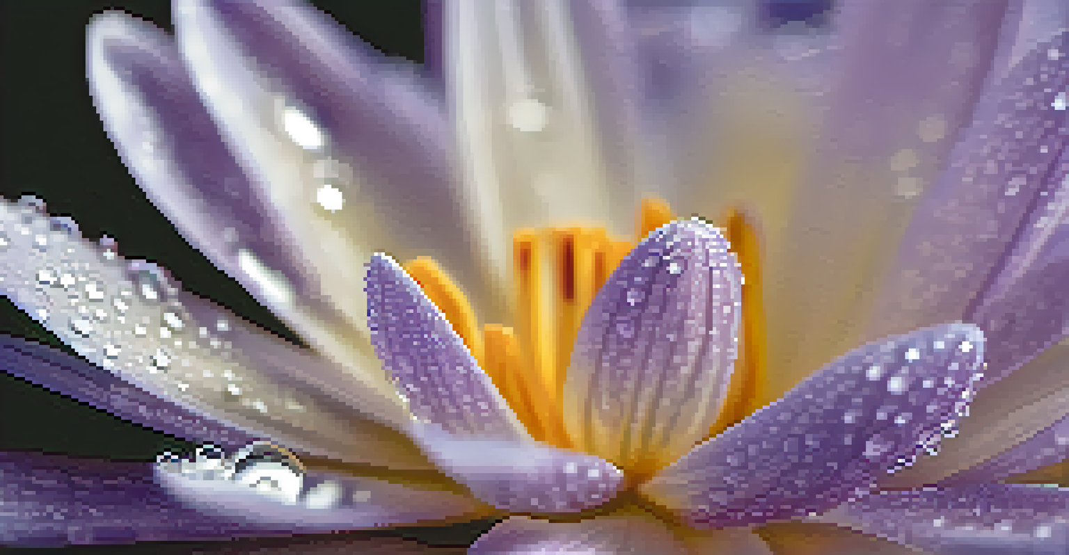 A close-up of a lavender and white flower with dew drops glistening in soft morning light.