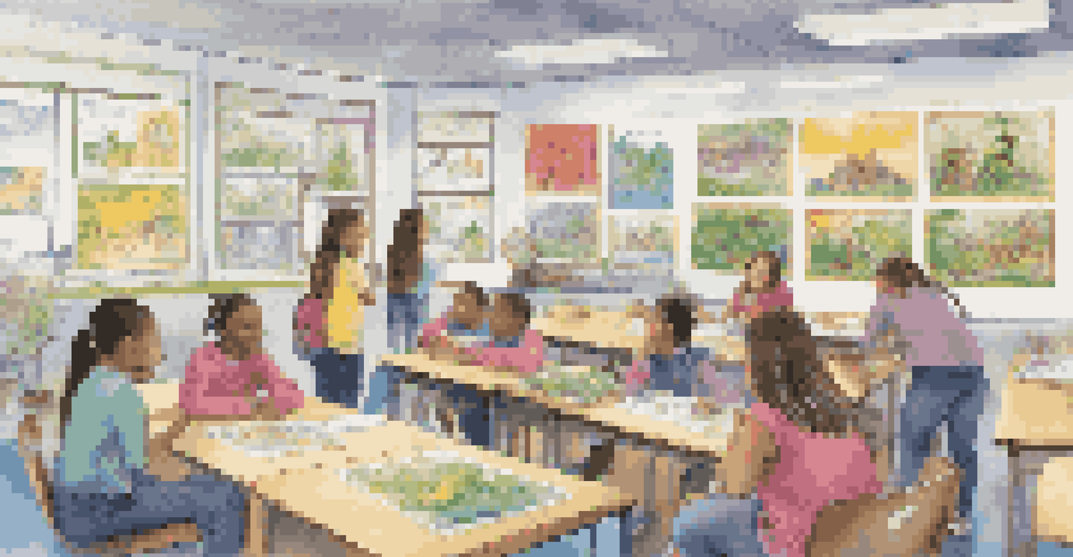 A classroom wall filled with student projects on environmental issues, with students proudly discussing their work.