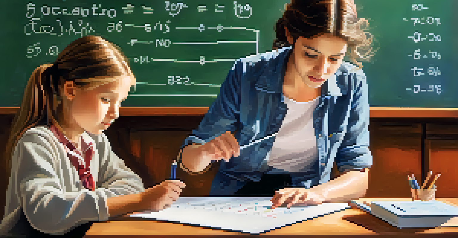 A close-up of a tutor pointing at a math problem while a determined young girl tries to solve it in a colorful learning environment.