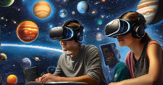 A classroom with students wearing VR headsets, exploring a colorful 3D solar system with planets and stars.
