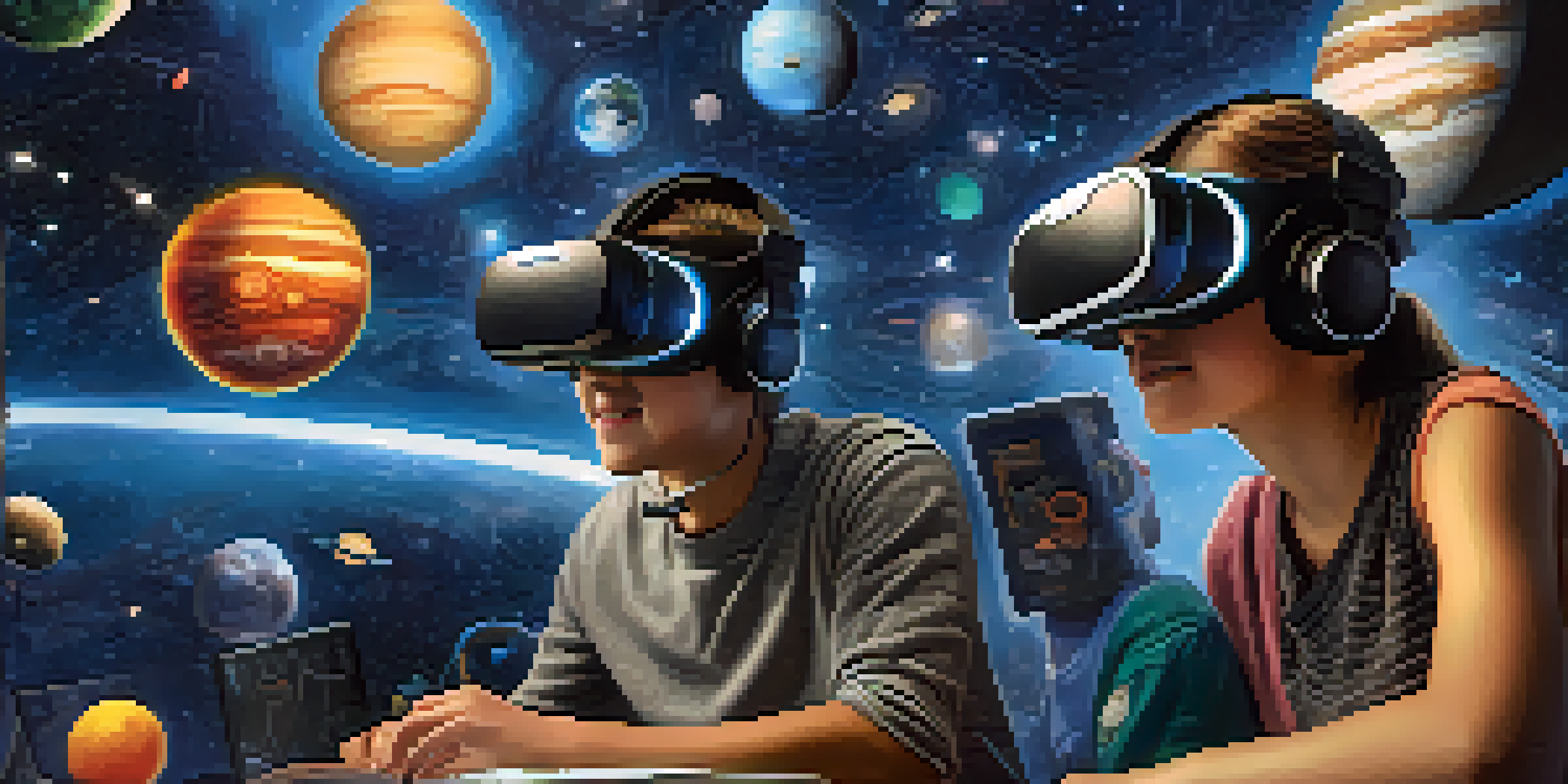 A classroom with students wearing VR headsets, exploring a colorful 3D solar system with planets and stars.